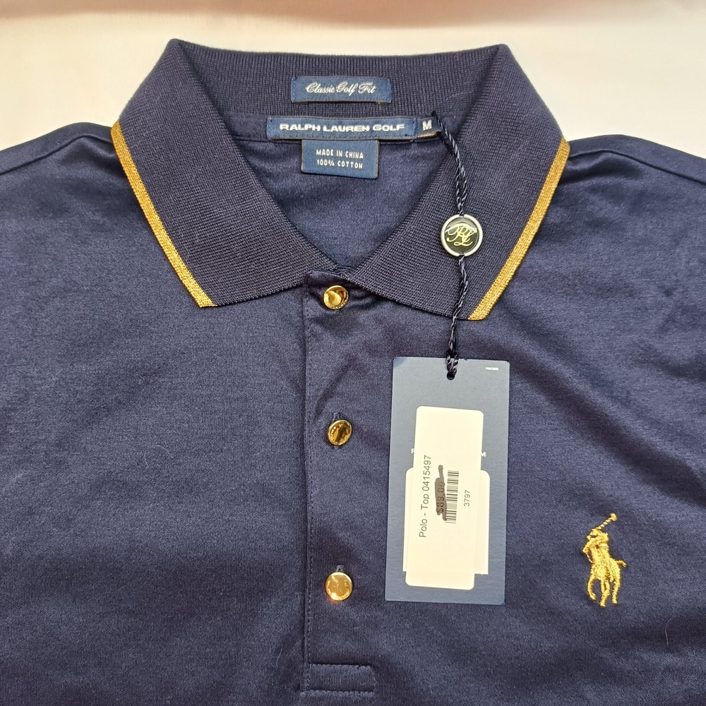 Ralph Lauren Golf Women M Navy Blue Polo Shirt Gold Accents Classic Golf Fit NWT